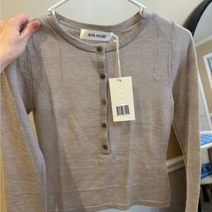 Aya Muse Taupe Long Sleeve Buttoned Top
